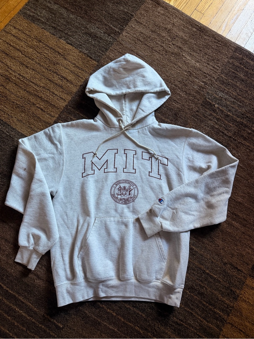 Champion MIT Hooded Sweatshirt in Heather Gray with Maroon Print